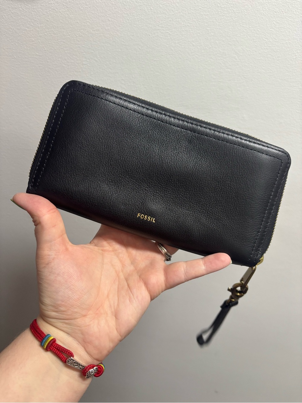 Leather Fossil Zip Around Clutch